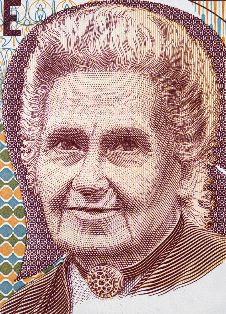 Intaglio print of Maria Montessori, it's depected on the 1000 lire bill from Italy - reflecting Maria Montessori and the question who was maria montessori